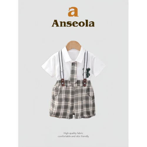 法國anseola夏季男童新款翻領短袖背帶褲兒童婚禮演出周嵗禮服