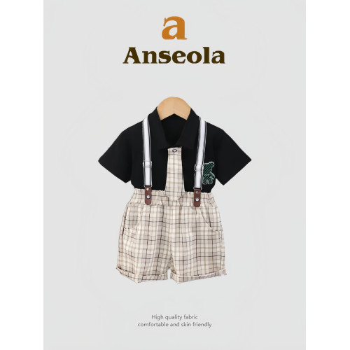 法國anseola夏季男童新款翻領短袖背帶褲兒童婚禮演出周嵗禮服