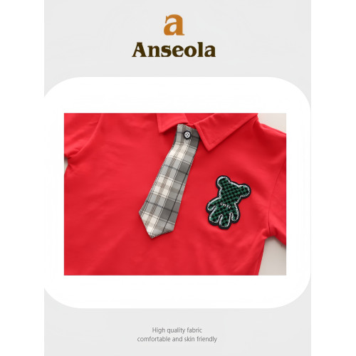 法國anseola夏季男童新款翻領短袖背帶褲兒童婚禮演出周嵗禮服