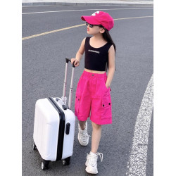女童2025夏季新款玫紅色工裝短褲高腰寬松休閒中褲速乾運動五分褲