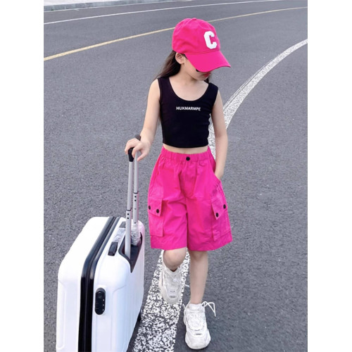 女童2025夏季新款玫紅色工裝短褲高腰寬松休閒中褲速乾運動五分褲