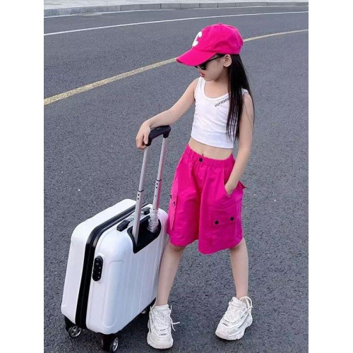 女童2025夏季新款玫紅色工裝短褲高腰寬松休閒中褲速乾運動五分褲