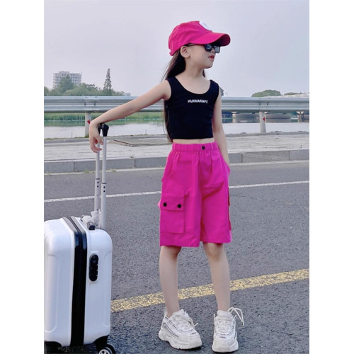 女童2025夏季新款玫紅色工裝短褲高腰寬松休閒中褲速乾運動五分褲