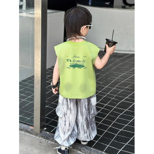2025夏季新款男童酷帥無袖上衣寬松濶腿褲套裝小童帥氣潮流兩件套