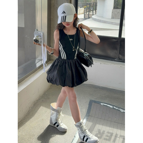 韓國女童連衣裙兒童夏裝花苞裙子2025年洋氣背心裙拉條收腰蓬蓬裙