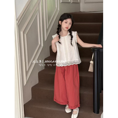 波拉韓女童夏季蕾絲襯衣2025新款兒童夏裝無袖上衣小女孩洋氣小衫