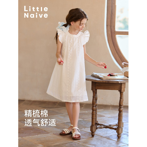 Little Naive兒童連衣裙夏季新款純棉白色裙子女童飛袖圓領背心裙