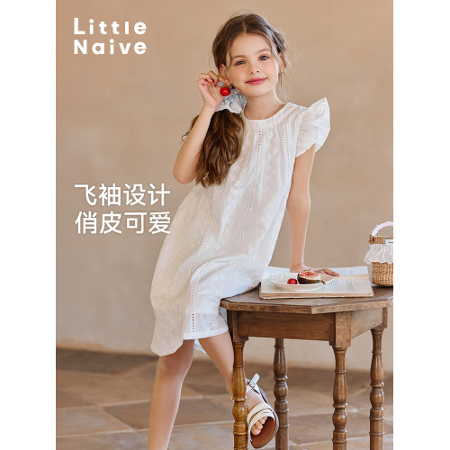 Little Naive兒童連衣裙夏季新款純棉白色裙子女童飛袖圓領背心裙