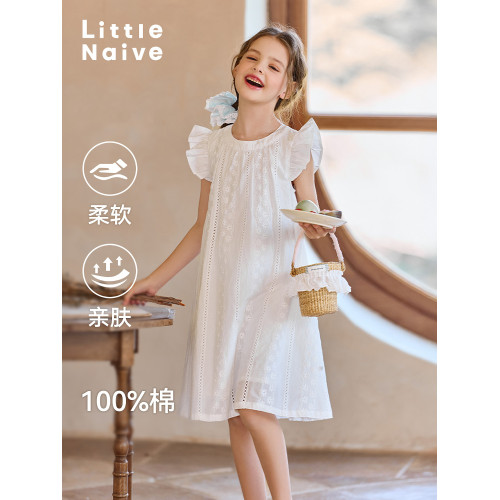 Little Naive兒童連衣裙夏季新款純棉白色裙子女童飛袖圓領背心裙