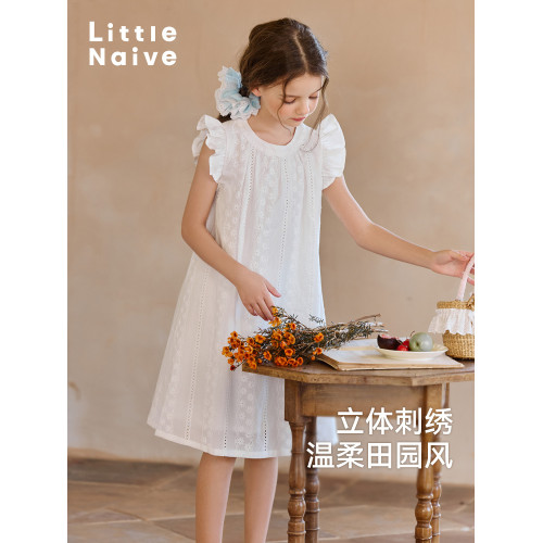 Little Naive兒童連衣裙夏季新款純棉白色裙子女童飛袖圓領背心裙