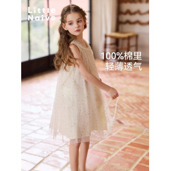 Little Naive兒童連衣裙夏季新款木耳邊蓬蓬背心裙女童公主網紗裙