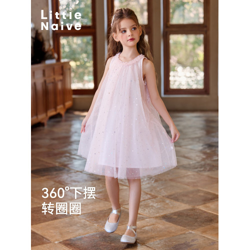 Little Naive兒童連衣裙夏季新款木耳邊蓬蓬背心裙女童公主網紗裙
