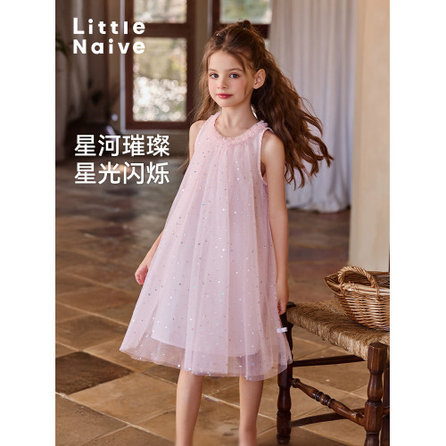 Little Naive兒童連衣裙夏季新款木耳邊蓬蓬背心裙女童公主網紗裙