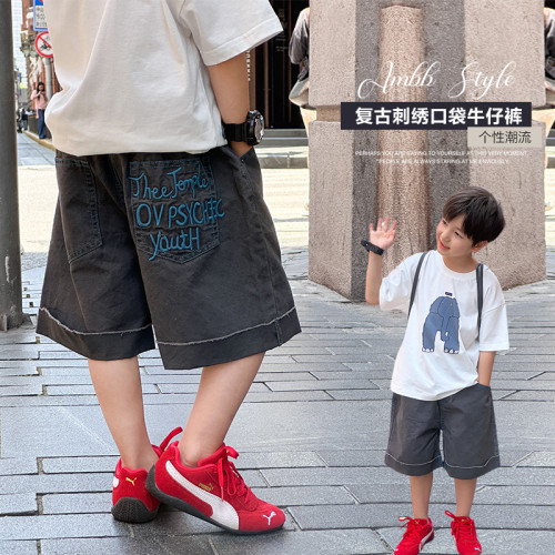 男童2025夏季新款五分褲復古刺綉字母毛邊牛仔短褲
