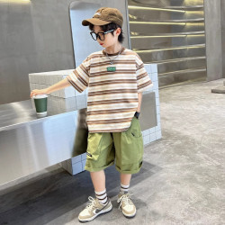 時尚新品男童夏裝套裝夏款中大童條紋短袖炸街兒童酷帥男孩薄款潮