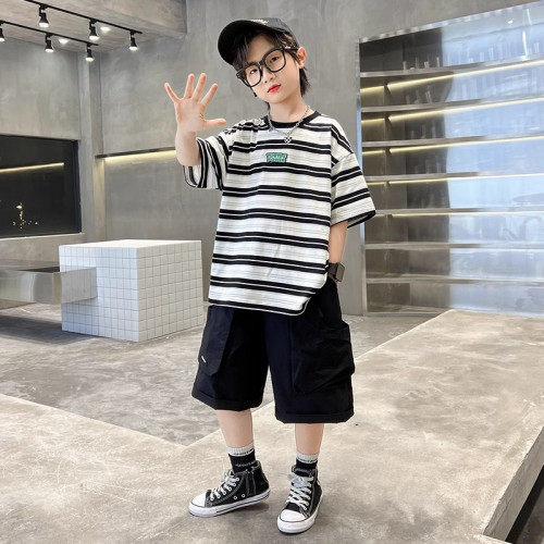 時尚新品男童夏裝套裝夏款中大童條紋短袖炸街兒童酷帥男孩薄款潮
