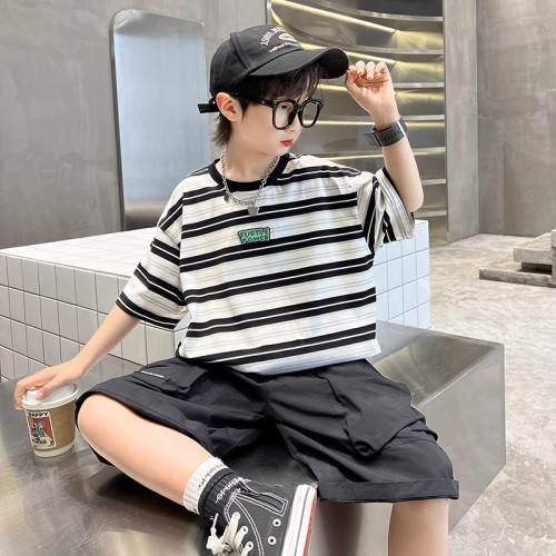 時尚新品男童夏裝套裝夏款中大童條紋短袖炸街兒童酷帥男孩薄款潮