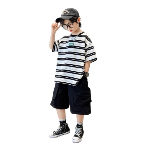 時尚新品男童夏裝套裝夏款中大童條紋短袖炸街兒童酷帥男孩薄款潮