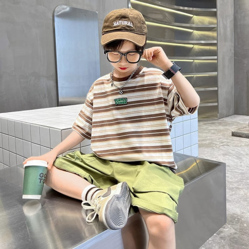 時尚新品男童夏裝套裝夏款中大童條紋短袖炸街兒童酷帥男孩薄款潮