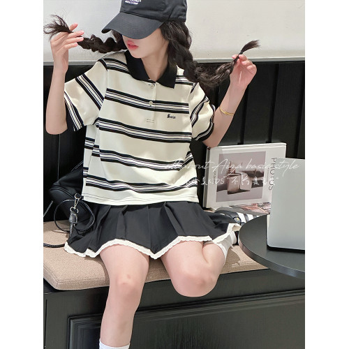 孫小美kids 學院風女童polo衫短袖2025新款夏裝兒童條紋上衣T恤潮