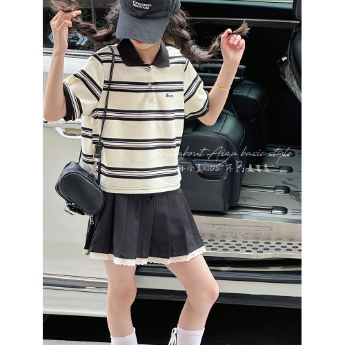 孫小美kids 學院風女童polo衫短袖2025新款夏裝兒童條紋上衣T恤潮