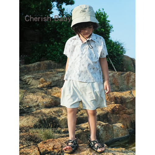 Cherish Baby童裝春夏襯衫原創字母印花翻領短袖寬松男童兒童
