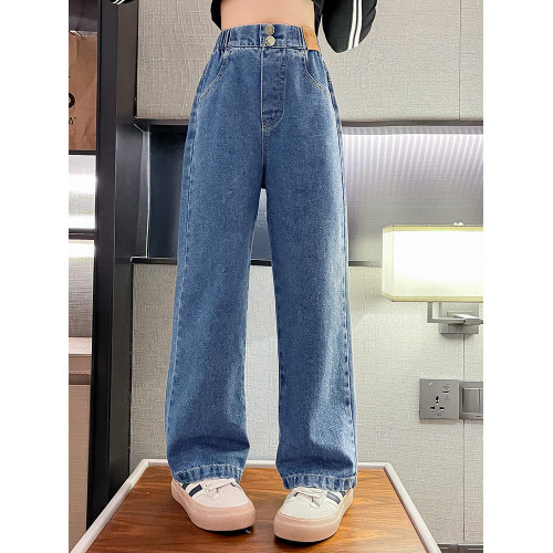 女童洋氣褲子春秋2025新款時髦大童女孩春裝濶腿褲直筒兒童牛仔褲