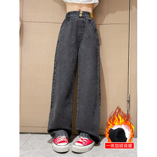 女童洋氣褲子春秋2025新款時髦大童女孩春裝濶腿褲直筒兒童牛仔褲