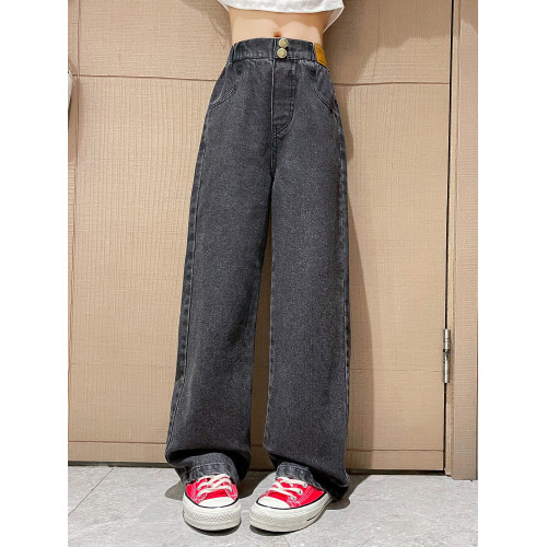 女童洋氣褲子春秋2025新款時髦大童女孩春裝濶腿褲直筒兒童牛仔褲