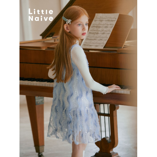 LittleNaive 女童連衣裙春夏新款無袖公主裙珠片紗裙兒童背心裙