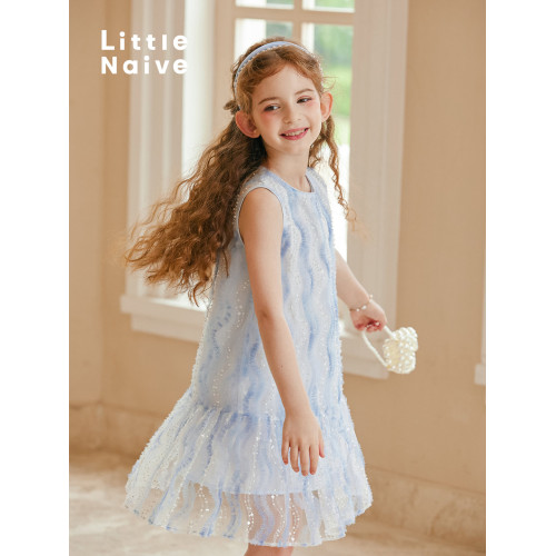 LittleNaive 女童連衣裙春夏新款無袖公主裙珠片紗裙兒童背心裙