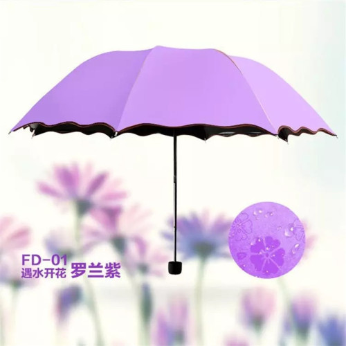 遇水開花變色雨繖女晴雨兩用黑膠防曬遮陽繖防紫外線三折太陽繖