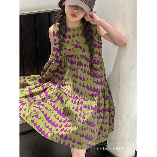 高級滿印女童連衣裙2025新款夏季兒童無袖裙子小女孩背心裙A字裙