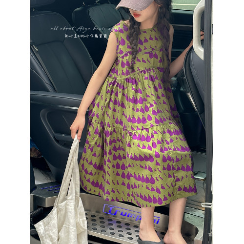 高級滿印女童連衣裙2025新款夏季兒童無袖裙子小女孩背心裙A字裙
