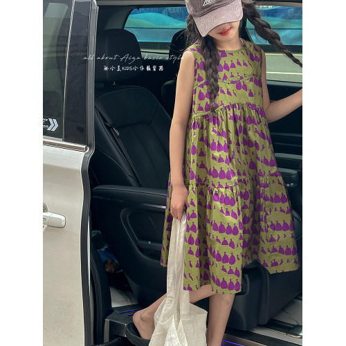高級滿印女童連衣裙2025新款夏季兒童無袖裙子小女孩背心裙A字裙