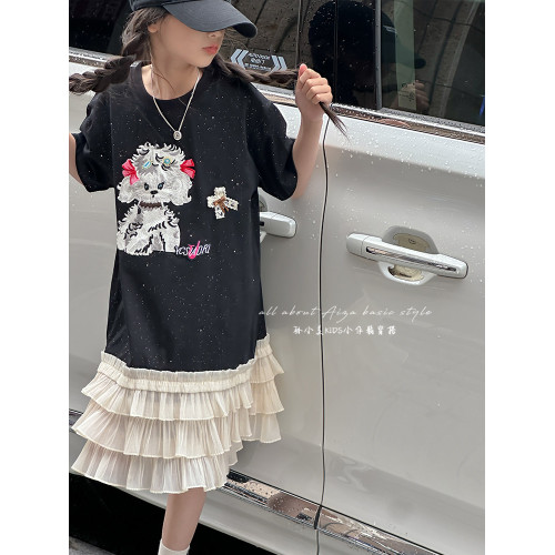 綉花亮片女童連衣裙2025夏季新款兒童短袖裙子女孩洋氣魚尾裙紗裙