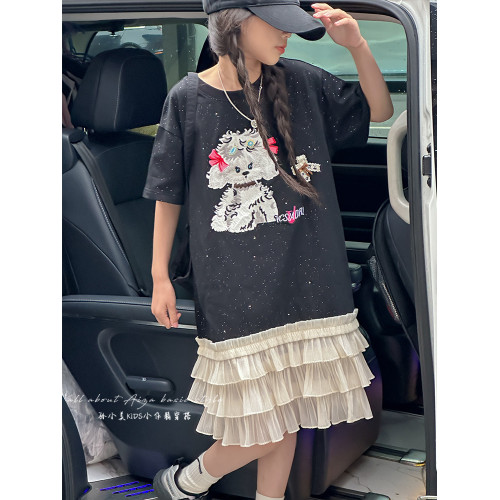 綉花亮片女童連衣裙2025夏季新款兒童短袖裙子女孩洋氣魚尾裙紗裙