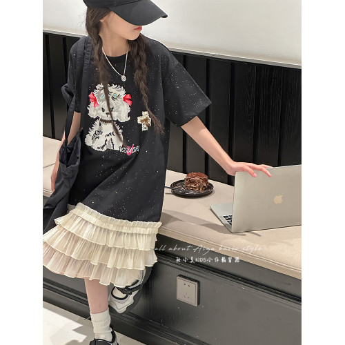 綉花亮片女童連衣裙2025夏季新款兒童短袖裙子女孩洋氣魚尾裙紗裙