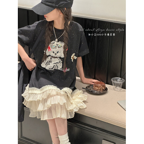 綉花亮片女童連衣裙2025夏季新款兒童短袖裙子女孩洋氣魚尾裙紗裙