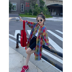 小資妞女童襯衫2025新款春裝洋氣女孩中長款襯衣兒童休閒格子開衫