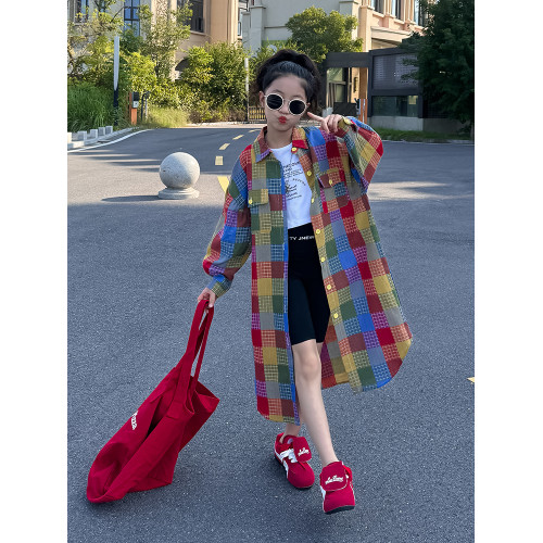 小資妞女童襯衫2025新款春裝洋氣女孩中長款襯衣兒童休閒格子開衫