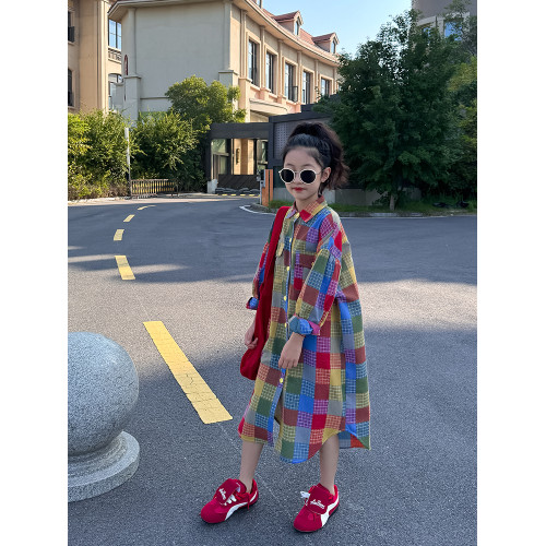 小資妞女童襯衫2025新款春裝洋氣女孩中長款襯衣兒童休閒格子開衫