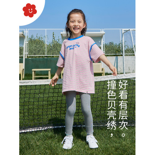 【99元任選3件】撞色貝殼綉兒童短袖T恤夏季棉氨加長女童上衣