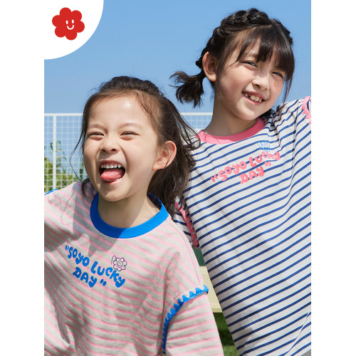 【99元任選3件】撞色貝殼綉兒童短袖T恤夏季棉氨加長女童上衣