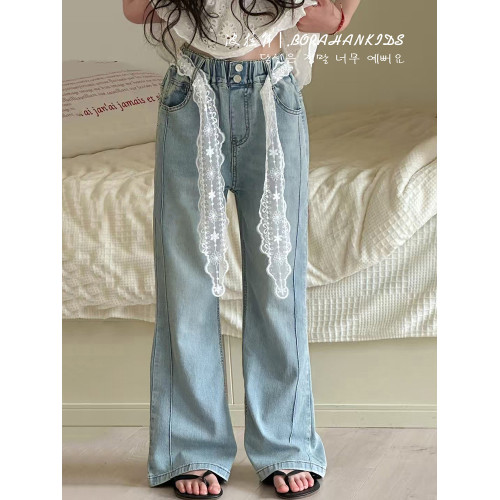 波拉韓女童喇叭褲夏季2025新款兒童蕾絲腰帶牛仔褲小女孩微喇褲子