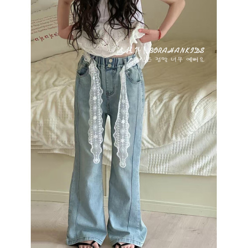 波拉韓女童喇叭褲夏季2025新款兒童蕾絲腰帶牛仔褲小女孩微喇褲子