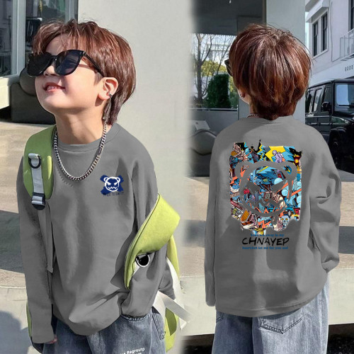 小豬班納春秋季2025新款男童長袖T恤休閒圓領寬松薄款打底上衣男