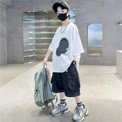 巴拉新品兒童裝男童夏裝短袖套裝中大童夏季男孩帥氣時髦潮酷衣服