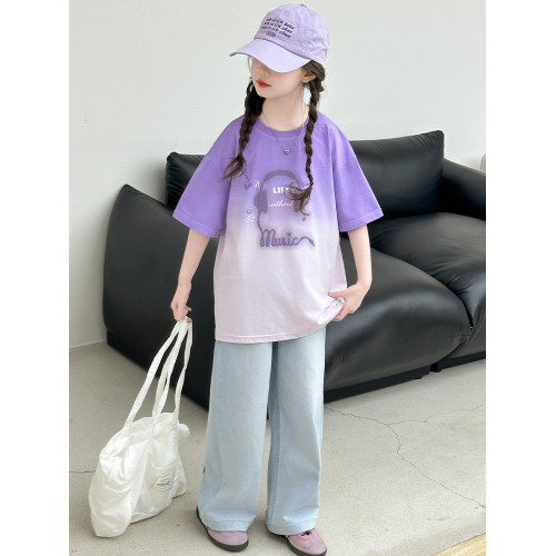 女童短袖夏季吊染漸變薄款純棉T恤牛仔褲套裝2025新款中大童休閒