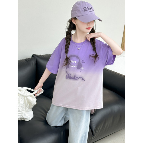 女童短袖夏季吊染漸變薄款純棉T恤牛仔褲套裝2025新款中大童休閒